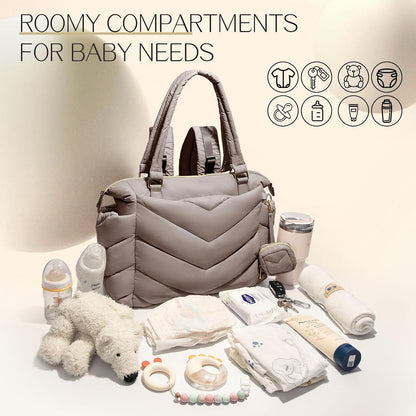 Diaper Bag Tote, Diaper Bag Backpack,Puffer Tote Bag with Pacifier Case, Lightweight Mommy for Hospital, Puffy with 10 Pockets, Convertible Baby for Travel,Khaki