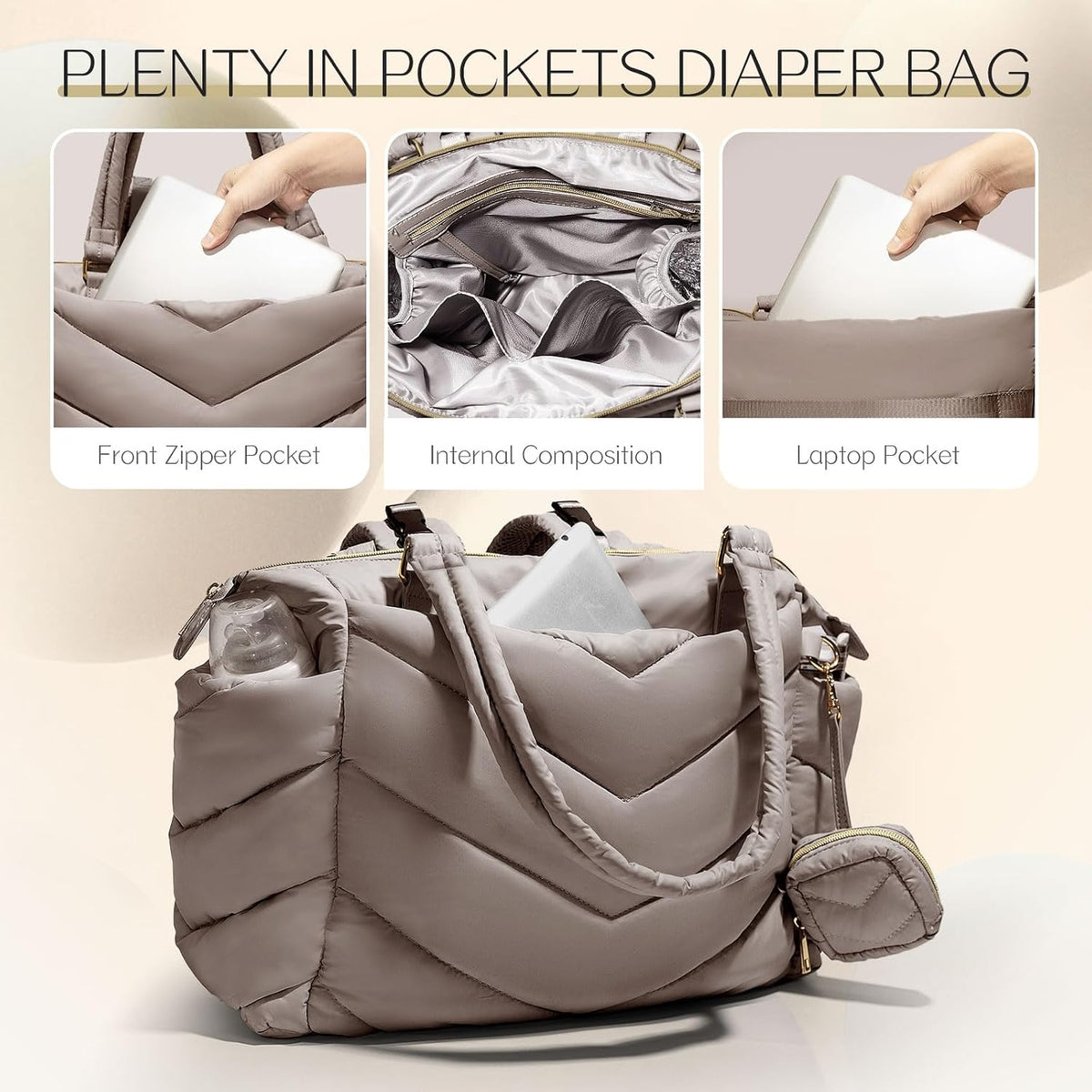 Diaper Bag Tote, Diaper Bag Backpack,Puffer Tote Bag with Pacifier Case, Lightweight Mommy for Hospital, Puffy with 10 Pockets, Convertible Baby for Travel,Khaki
