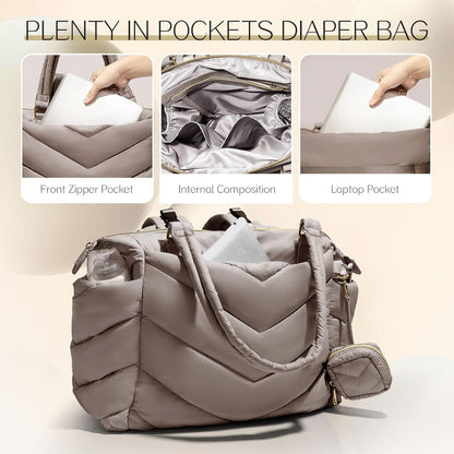 Diaper Bag Tote, Diaper Bag Backpack,Puffer Tote Bag with Pacifier Case, Lightweight Mommy for Hospital, Puffy with 10 Pockets, Convertible Baby for Travel,Khaki
