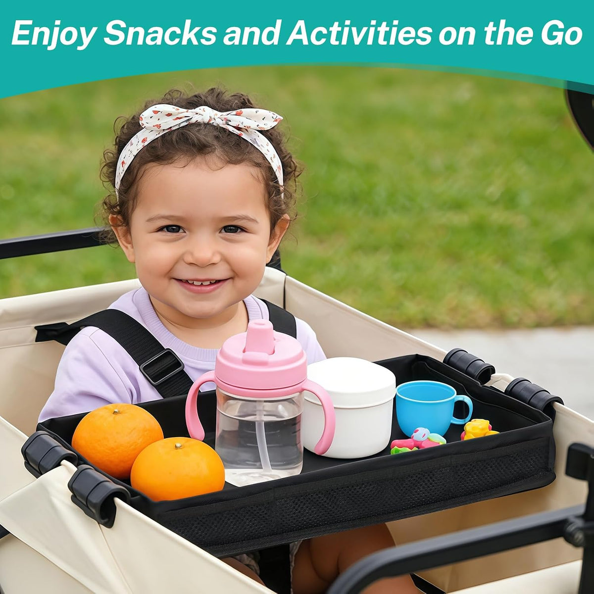 Stroller Snack Tray Attachment, Universal Stroller Organizer for Cargo Management, Non-Slip Multi-Purpose Caddy, Durable & Easy-Clean, Foldable Design for Travel, Small Size 7.5" x 15" (1-Pack)
