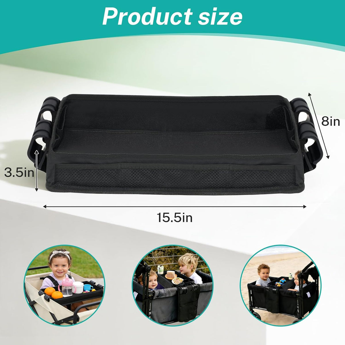 Stroller Snack Tray Attachment, Universal Stroller Organizer for Cargo Management, Non-Slip Multi-Purpose Caddy, Durable & Easy-Clean, Foldable Design for Travel, Small Size 7.5" x 15" (1-Pack)