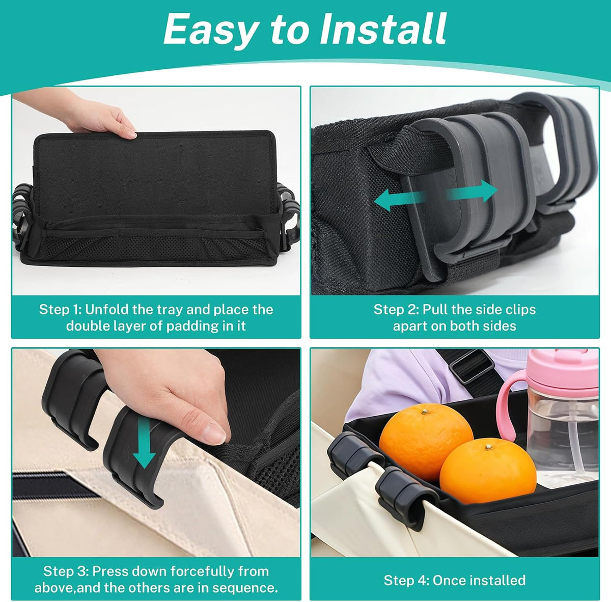 Stroller Snack Tray Attachment, Universal Stroller Organizer for Cargo Management, Non-Slip Multi-Purpose Caddy, Durable & Easy-Clean, Foldable Design for Travel, Small Size 7.5" x 15" (1-Pack)
