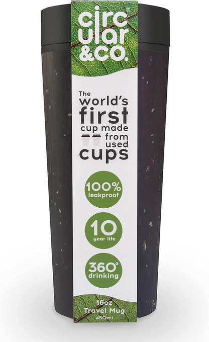 . Travel Mug (16oz) - The World's First Reusable Mug Made from Recycled Coffee Cups, 100% Leak-Proof, Sustainable & Insulated, Black on Cosmic Black
