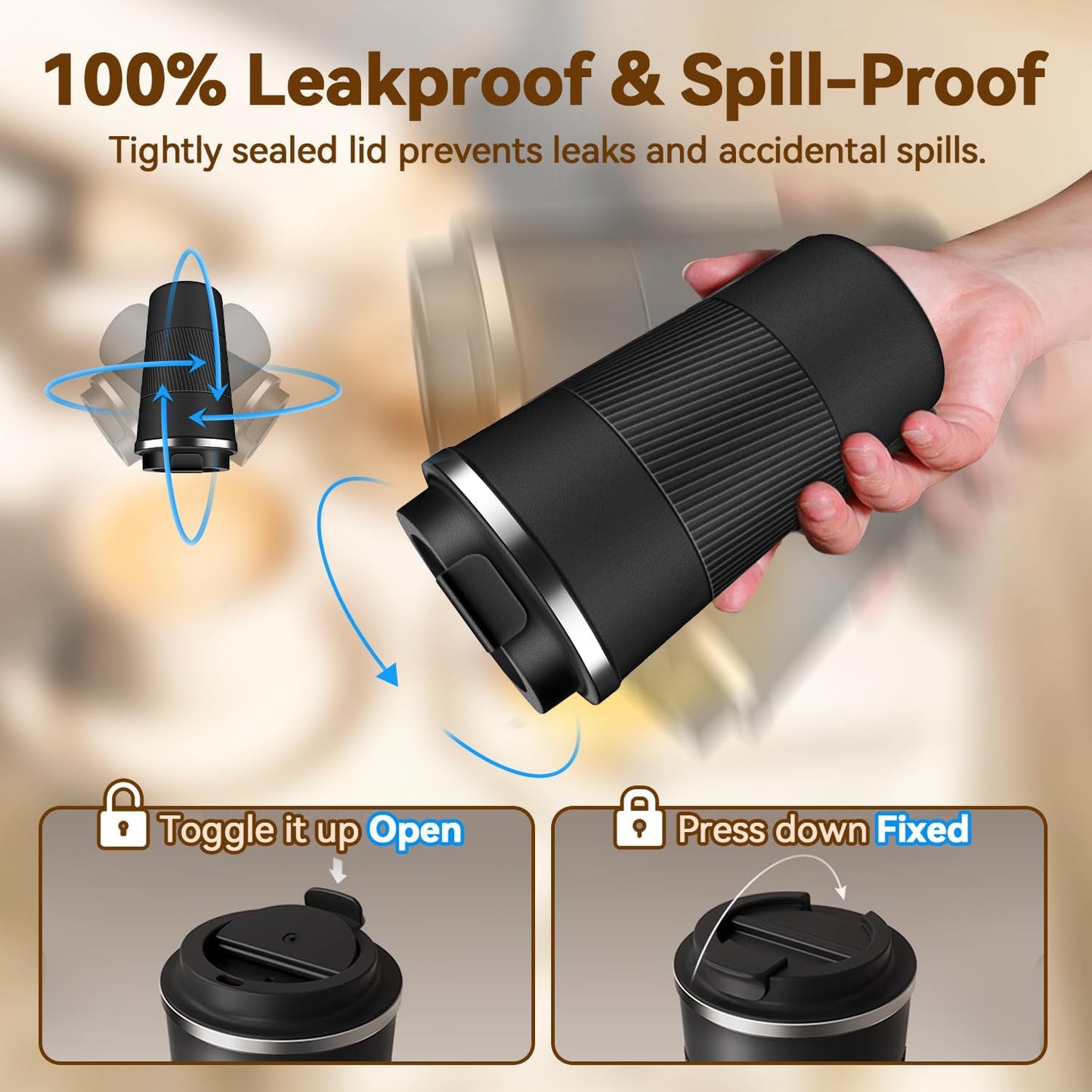12OZ Travel Coffee Mug Insulated Coffee Cup with Spill Leak Proof Lid, Portable Stainless Steel Tumbler Reusable Hot and Cold Water Mug for Car, Daily, Camping- Blue