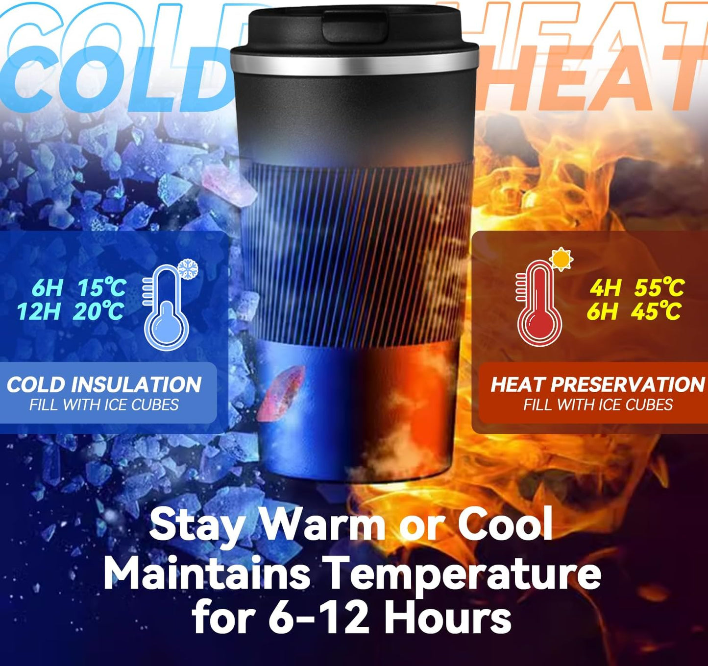 12OZ Travel Coffee Mug Insulated Coffee Cup with Spill Leak Proof Lid, Portable Stainless Steel Tumbler Reusable Hot and Cold Water Mug for Car, Daily, Camping- Blue