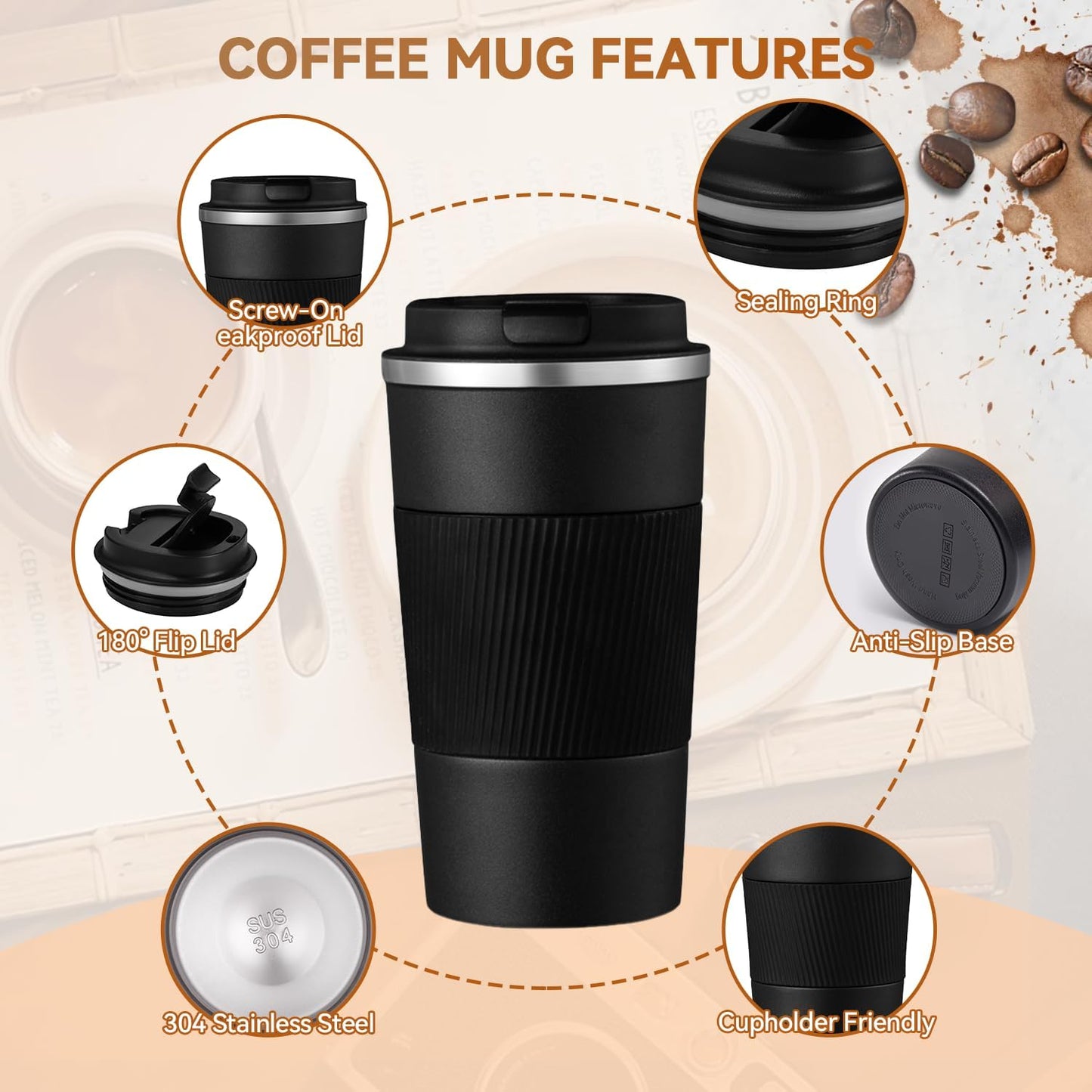 12OZ Travel Coffee Mug Insulated Coffee Cup with Spill Leak Proof Lid, Portable Stainless Steel Tumbler Reusable Hot and Cold Water Mug for Car, Daily, Camping- Blue