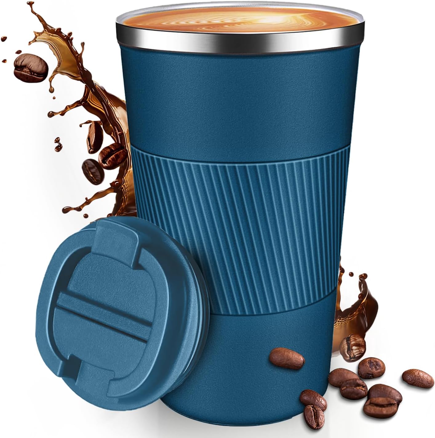 12OZ Travel Coffee Mug Insulated Coffee Cup with Spill Leak Proof Lid, Portable Stainless Steel Tumbler Reusable Hot and Cold Water Mug for Car, Daily, Camping- Blue