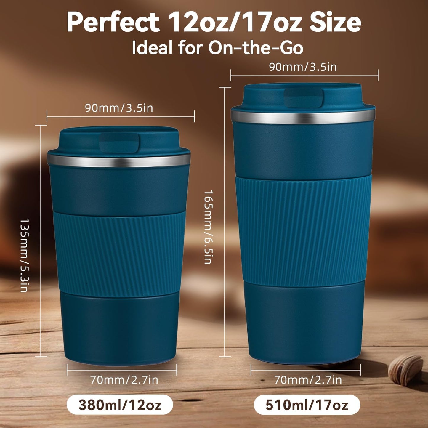 12OZ Travel Coffee Mug Insulated Coffee Cup with Spill Leak Proof Lid, Portable Stainless Steel Tumbler Reusable Hot and Cold Water Mug for Car, Daily, Camping- Blue