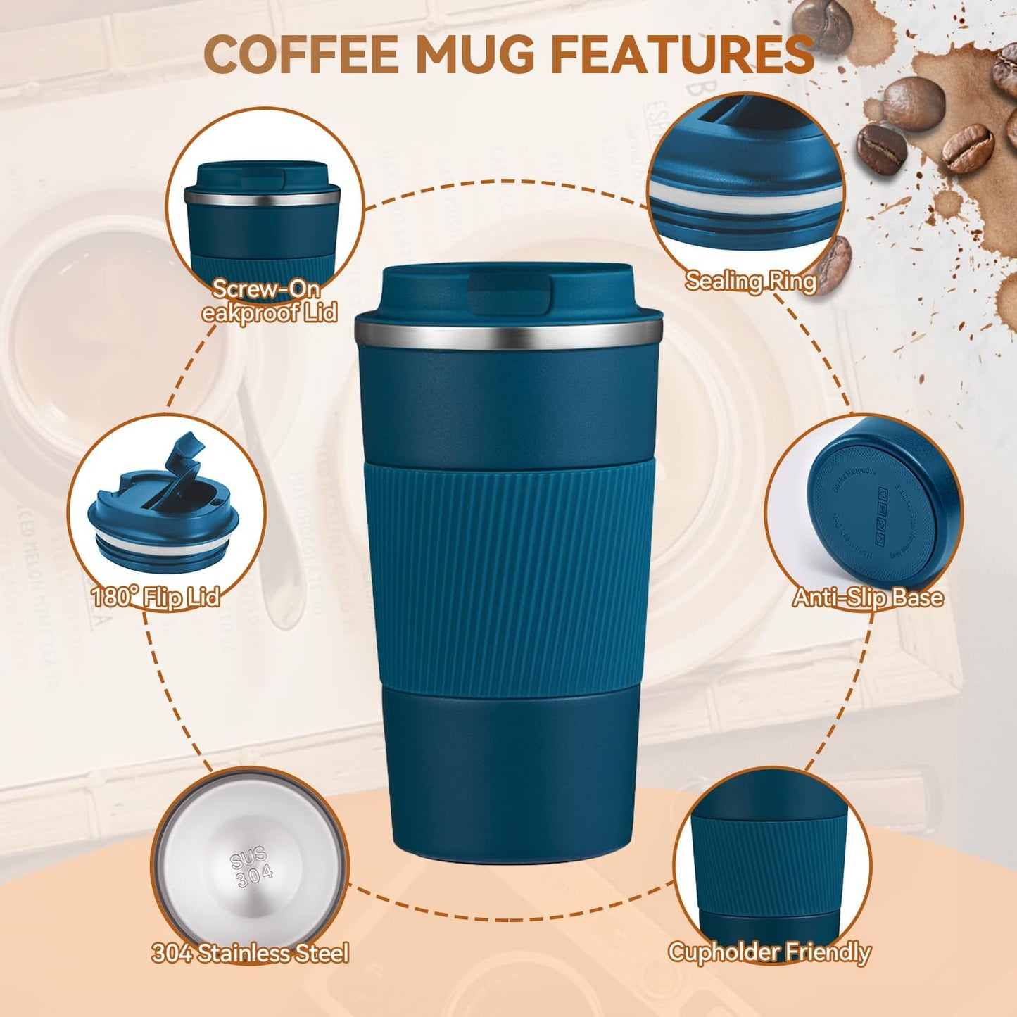 12OZ Travel Coffee Mug Insulated Coffee Cup with Spill Leak Proof Lid, Portable Stainless Steel Tumbler Reusable Hot and Cold Water Mug for Car, Daily, Camping- Blue
