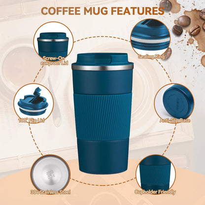 12OZ Travel Coffee Mug Insulated Coffee Cup with Spill Leak Proof Lid, Portable Stainless Steel Tumbler Reusable Hot and Cold Water Mug for Car, Daily, Camping- Blue