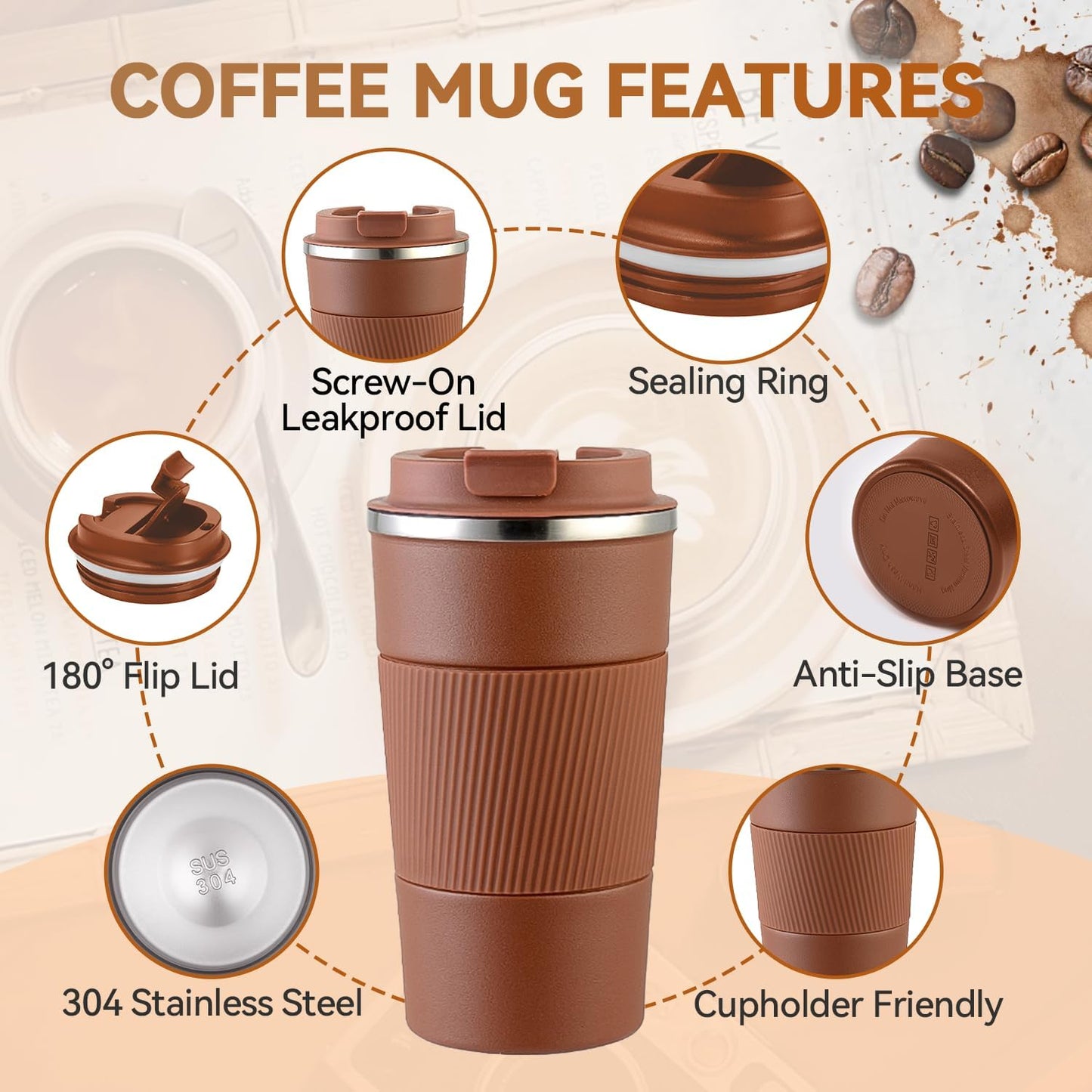 12OZ Travel Coffee Mug Insulated Coffee Cup with Spill Leak Proof Lid, Portable Stainless Steel Tumbler Reusable Hot and Cold Water Mug for Car, Daily, Camping- Blue