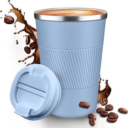 12OZ Travel Coffee Mug Insulated Coffee Cup with Spill Leak Proof Lid, Portable Stainless Steel Tumbler Reusable Hot and Cold Water Mug for Car, Daily, Camping- Blue