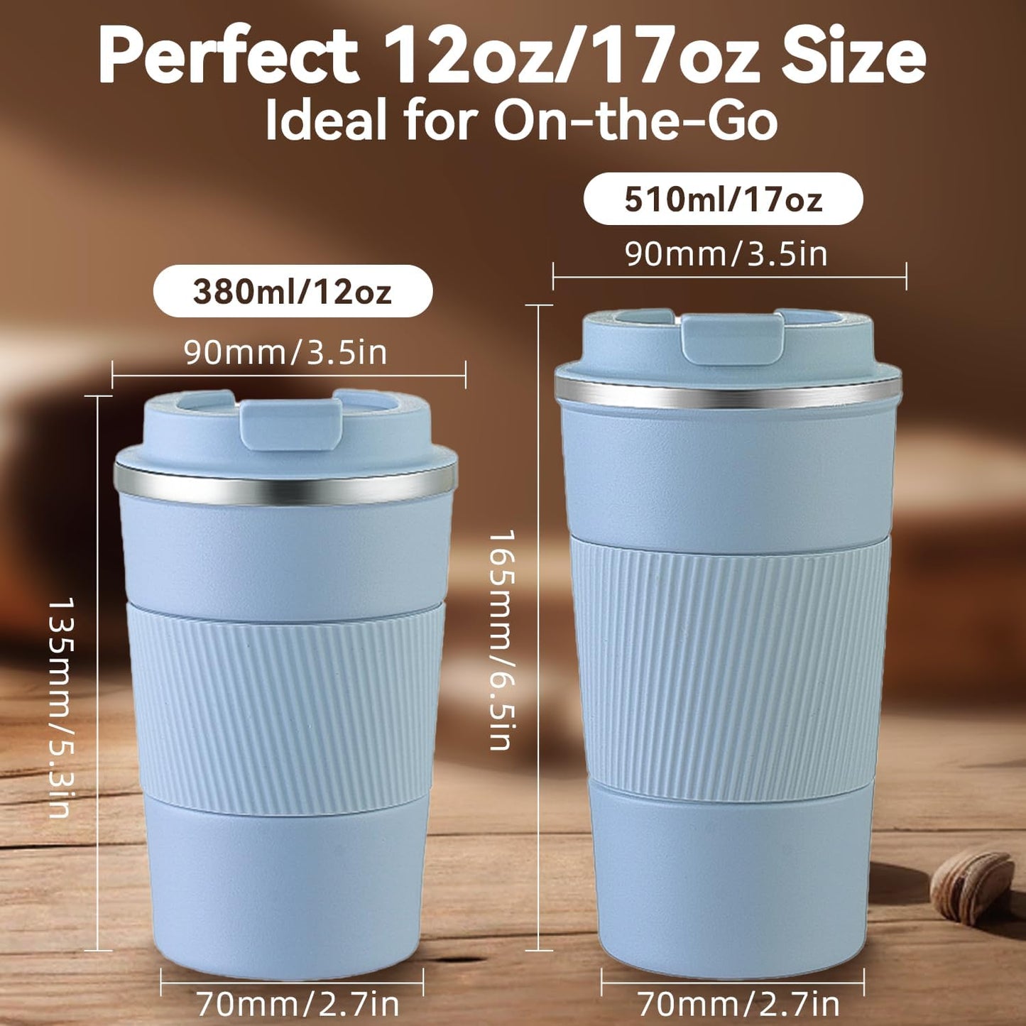 12OZ Travel Coffee Mug Insulated Coffee Cup with Spill Leak Proof Lid, Portable Stainless Steel Tumbler Reusable Hot and Cold Water Mug for Car, Daily, Camping- Blue