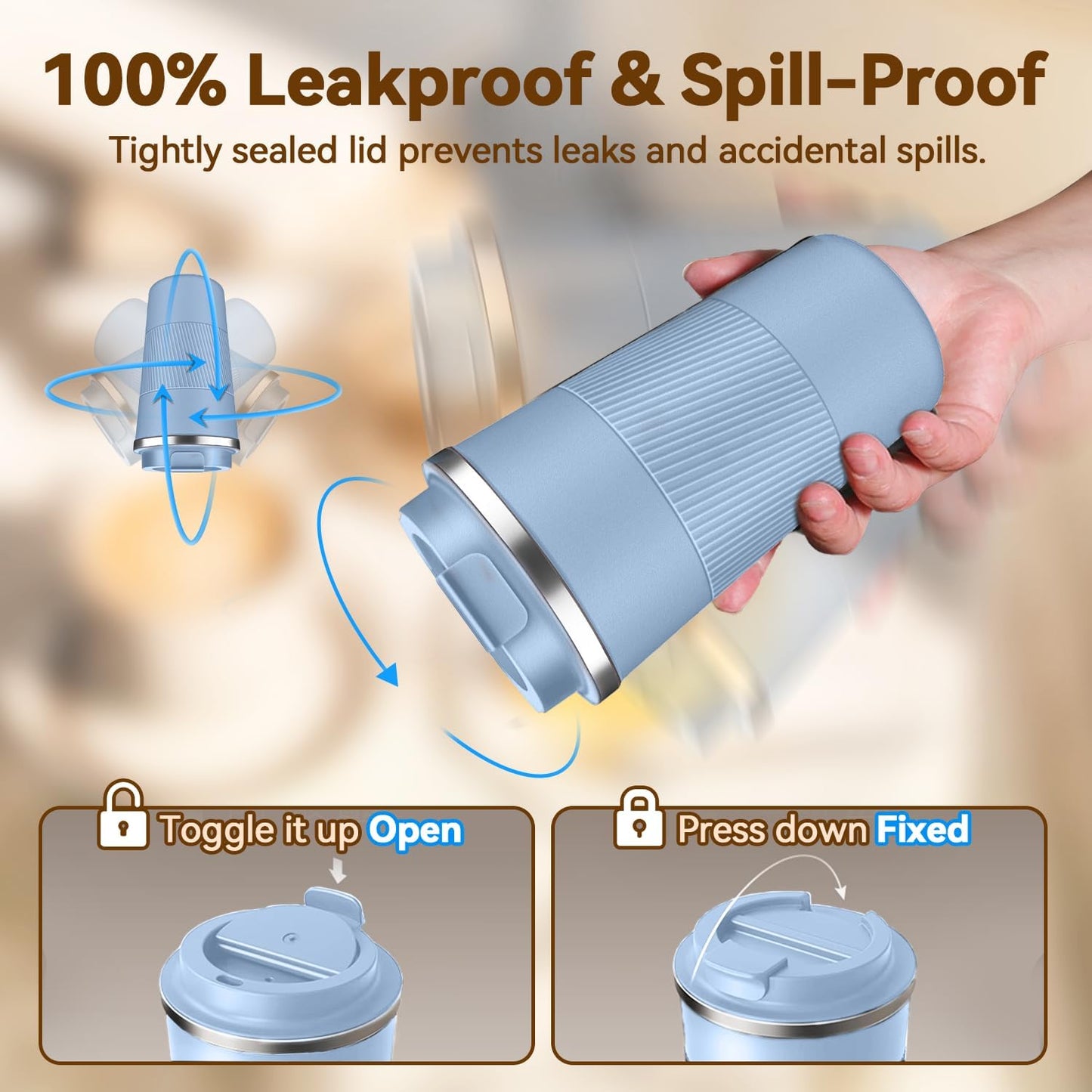 12OZ Travel Coffee Mug Insulated Coffee Cup with Spill Leak Proof Lid, Portable Stainless Steel Tumbler Reusable Hot and Cold Water Mug for Car, Daily, Camping- Blue