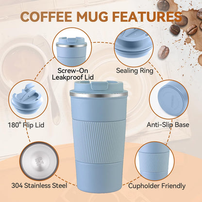 12OZ Travel Coffee Mug Insulated Coffee Cup with Spill Leak Proof Lid, Portable Stainless Steel Tumbler Reusable Hot and Cold Water Mug for Car, Daily, Camping- Blue