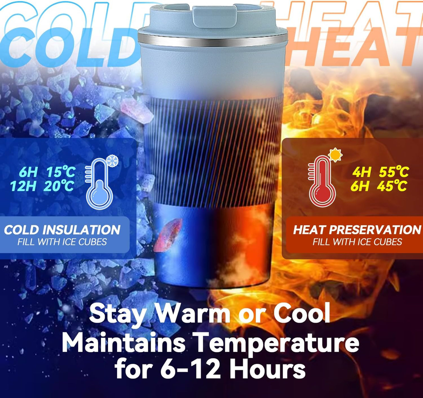 12OZ Travel Coffee Mug Insulated Coffee Cup with Spill Leak Proof Lid, Portable Stainless Steel Tumbler Reusable Hot and Cold Water Mug for Car, Daily, Camping- Blue