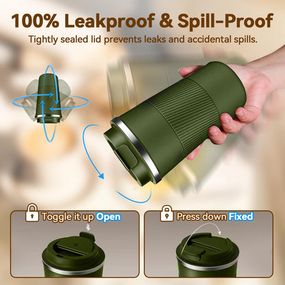 12OZ Travel Coffee Mug Insulated Coffee Cup with Spill Leak Proof Lid, Portable Stainless Steel Tumbler Reusable Hot and Cold Water Mug for Car, Daily, Camping- Blue