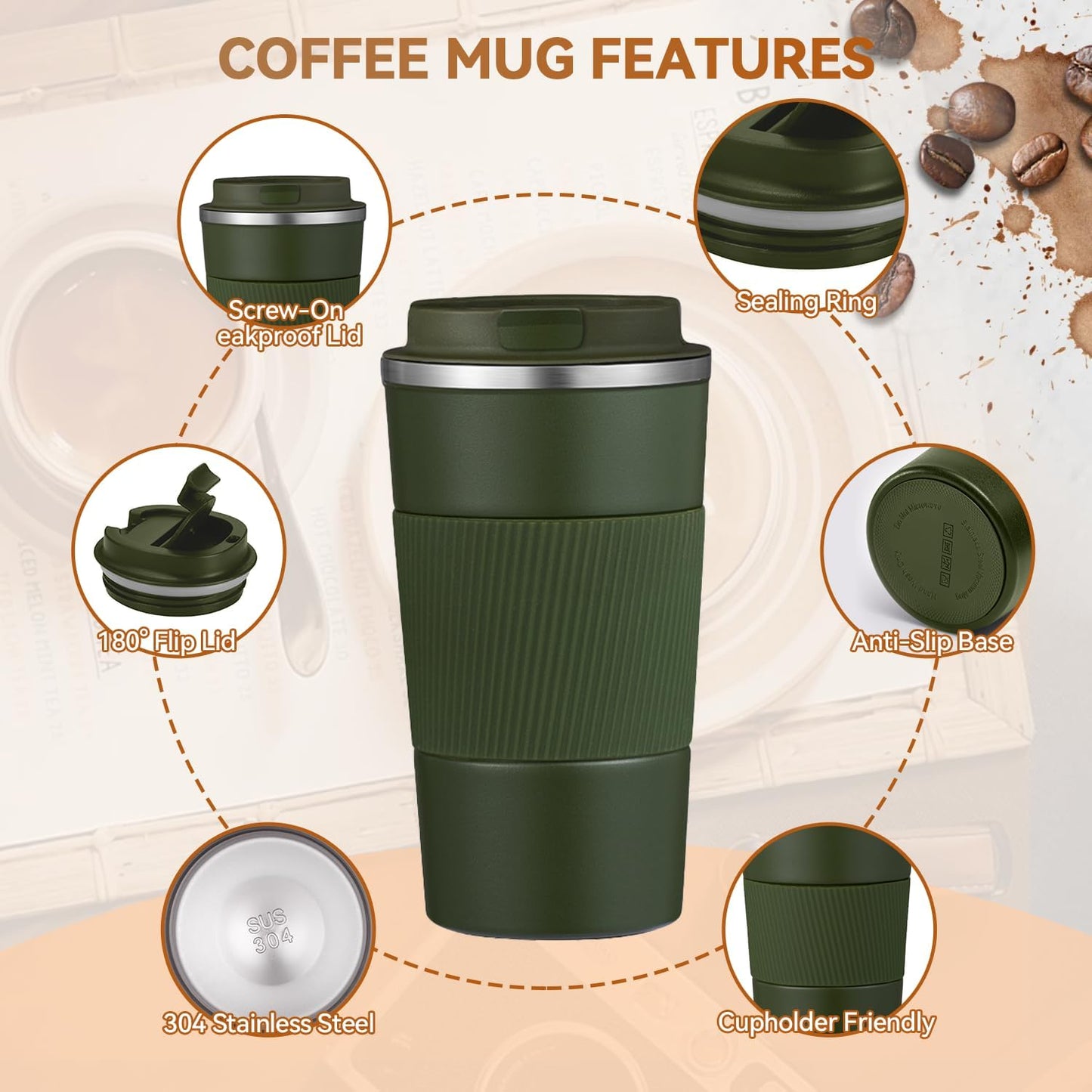 12OZ Travel Coffee Mug Insulated Coffee Cup with Spill Leak Proof Lid, Portable Stainless Steel Tumbler Reusable Hot and Cold Water Mug for Car, Daily, Camping- Blue