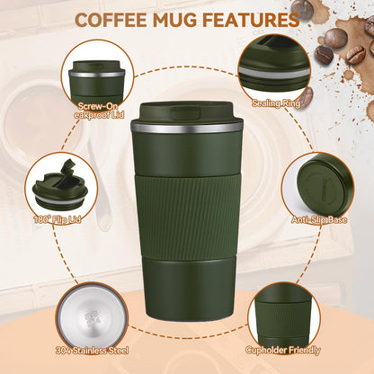 12OZ Travel Coffee Mug Insulated Coffee Cup with Spill Leak Proof Lid, Portable Stainless Steel Tumbler Reusable Hot and Cold Water Mug for Car, Daily, Camping- Blue