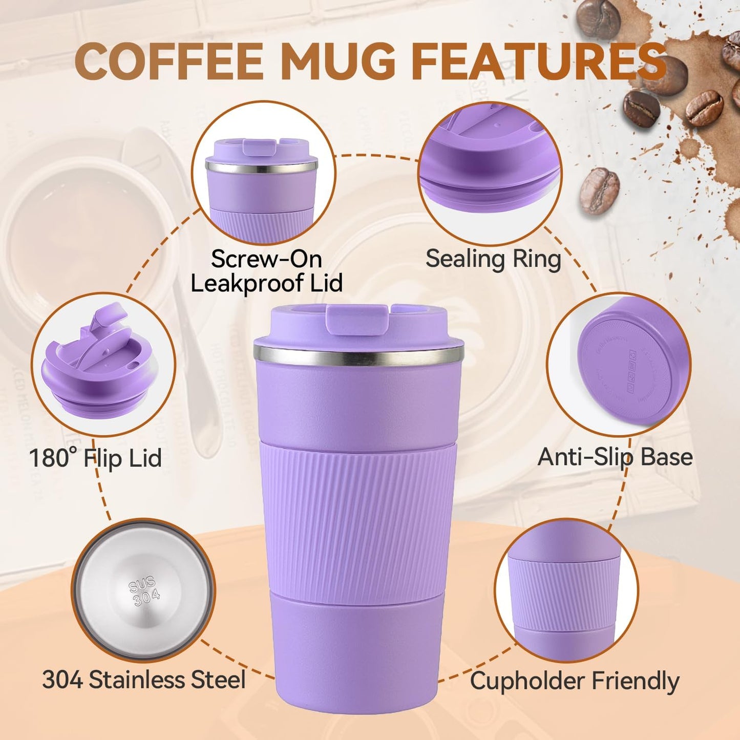 12OZ Travel Coffee Mug Insulated Coffee Cup with Spill Leak Proof Lid, Portable Stainless Steel Tumbler Reusable Hot and Cold Water Mug for Car, Daily, Camping- Blue