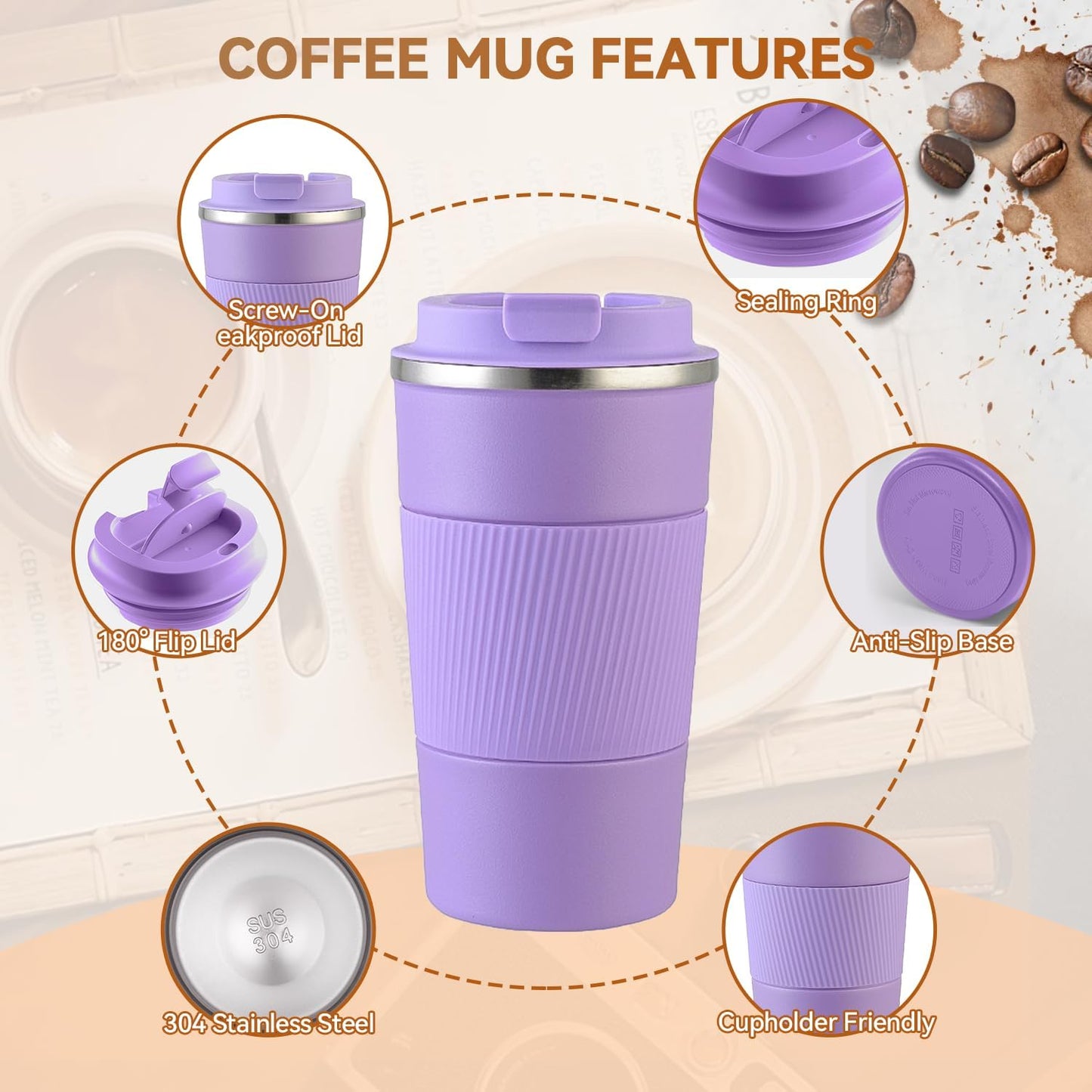 12OZ Travel Coffee Mug Insulated Coffee Cup with Spill Leak Proof Lid, Portable Stainless Steel Tumbler Reusable Hot and Cold Water Mug for Car, Daily, Camping- Blue