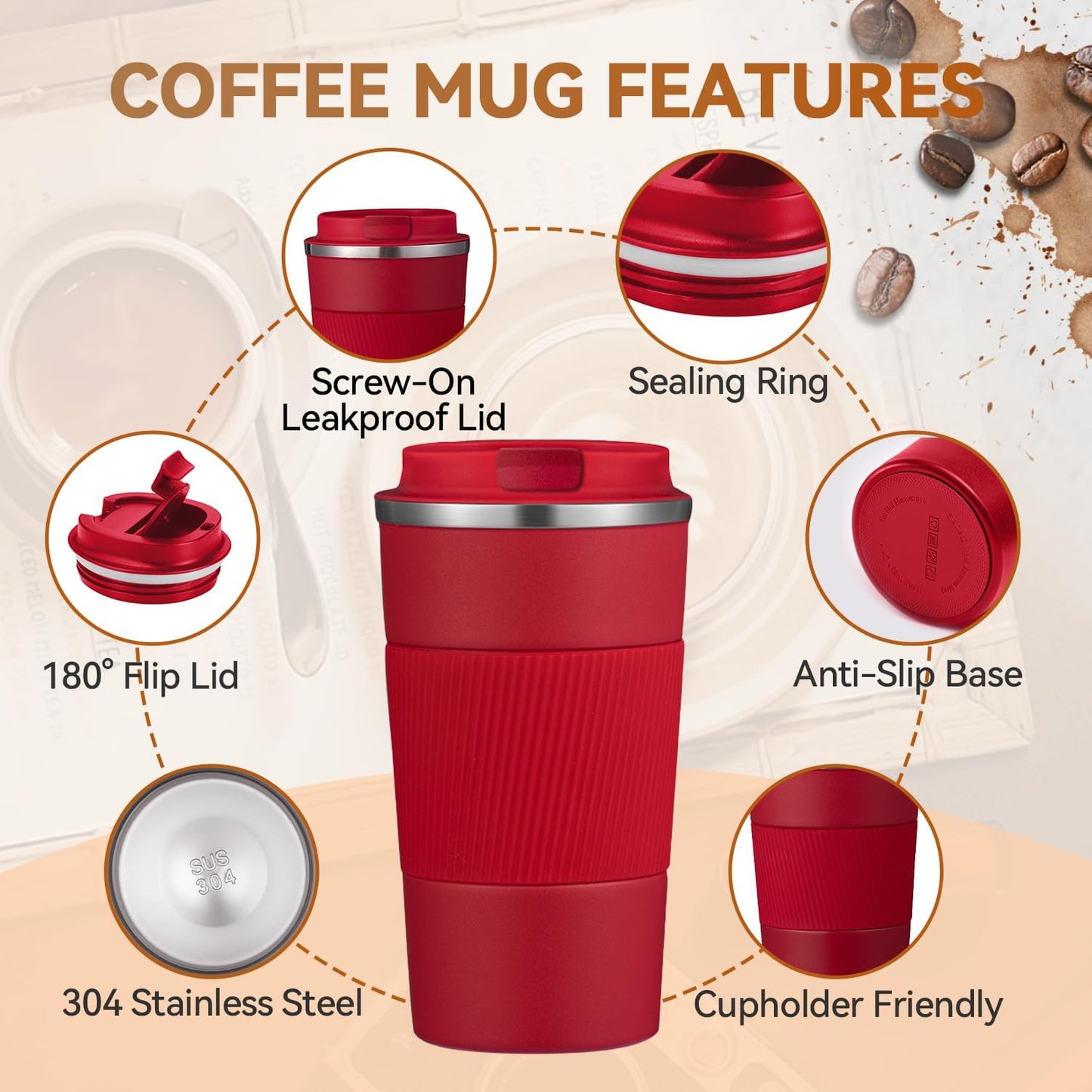 12OZ Travel Coffee Mug Insulated Coffee Cup with Spill Leak Proof Lid, Portable Stainless Steel Tumbler Reusable Hot and Cold Water Mug for Car, Daily, Camping- Blue