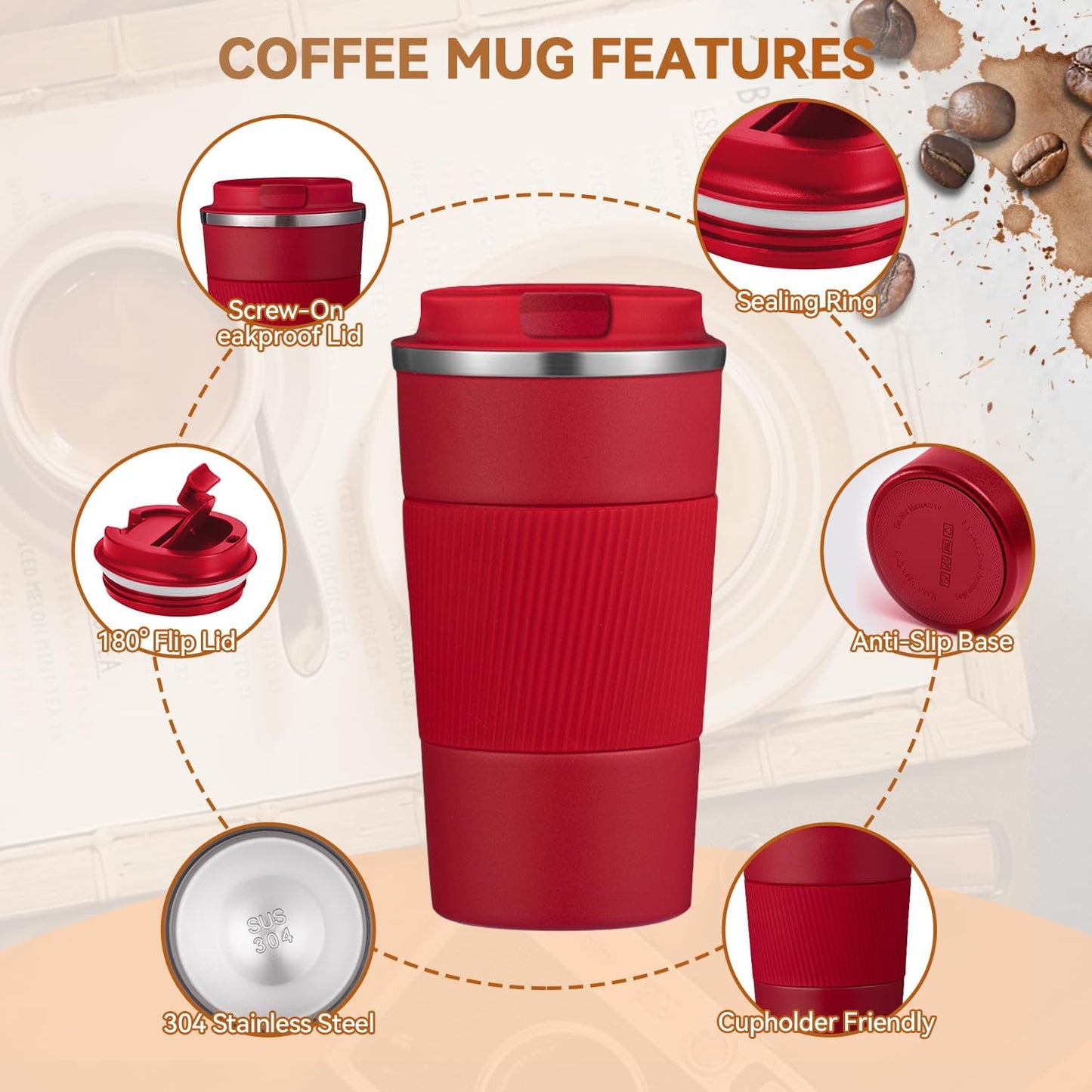 12OZ Travel Coffee Mug Insulated Coffee Cup with Spill Leak Proof Lid, Portable Stainless Steel Tumbler Reusable Hot and Cold Water Mug for Car, Daily, Camping- Blue