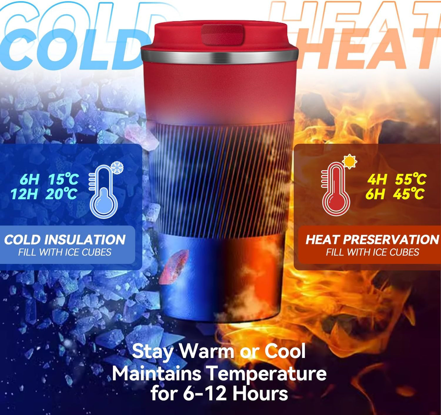 12OZ Travel Coffee Mug Insulated Coffee Cup with Spill Leak Proof Lid, Portable Stainless Steel Tumbler Reusable Hot and Cold Water Mug for Car, Daily, Camping- Blue