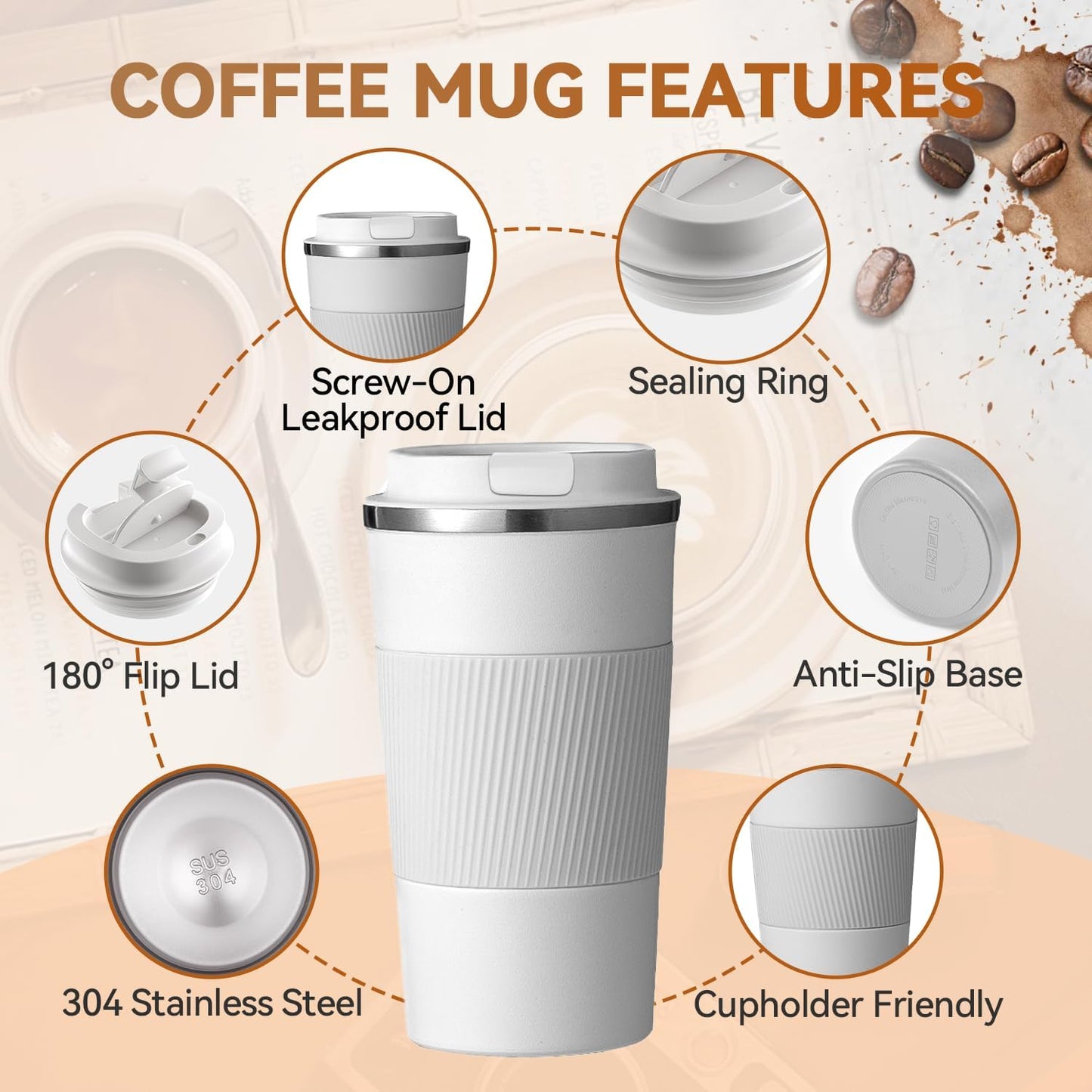 12OZ Travel Coffee Mug Insulated Coffee Cup with Spill Leak Proof Lid, Portable Stainless Steel Tumbler Reusable Hot and Cold Water Mug for Car, Daily, Camping- Blue