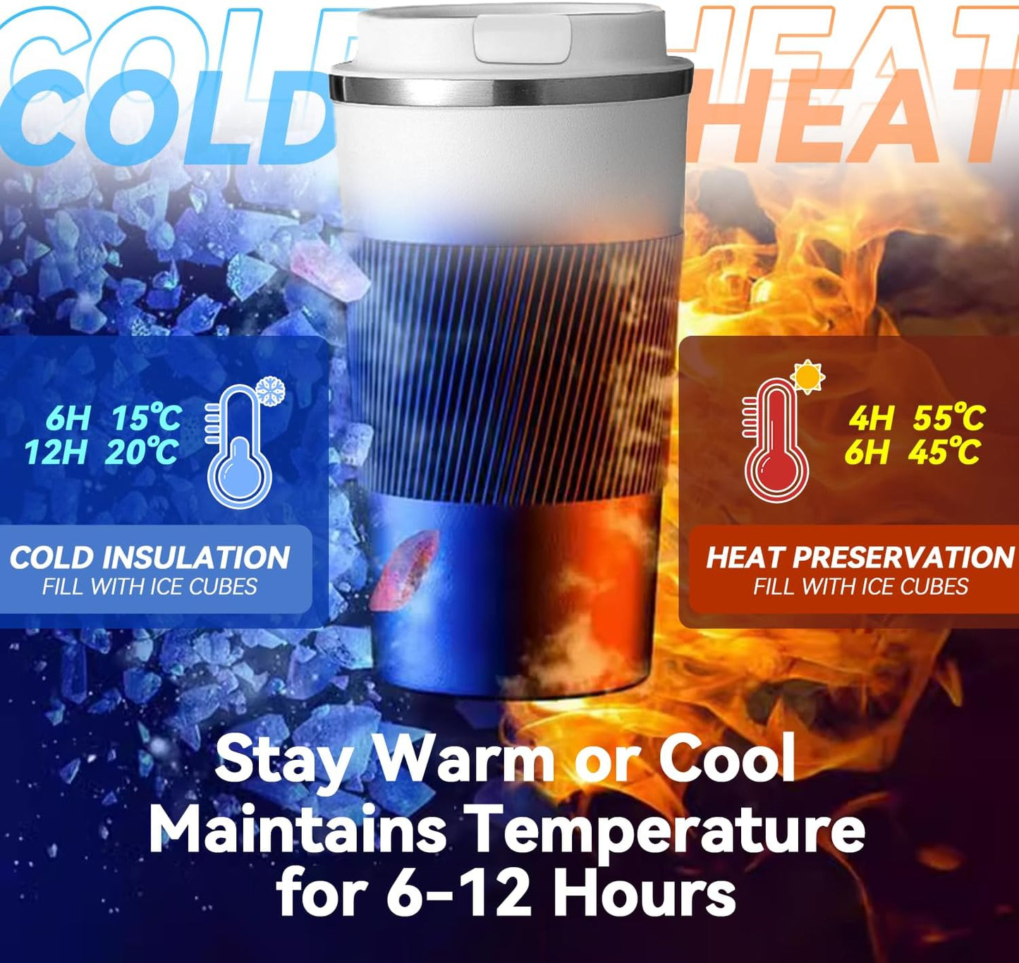 12OZ Travel Coffee Mug Insulated Coffee Cup with Spill Leak Proof Lid, Portable Stainless Steel Tumbler Reusable Hot and Cold Water Mug for Car, Daily, Camping- Blue