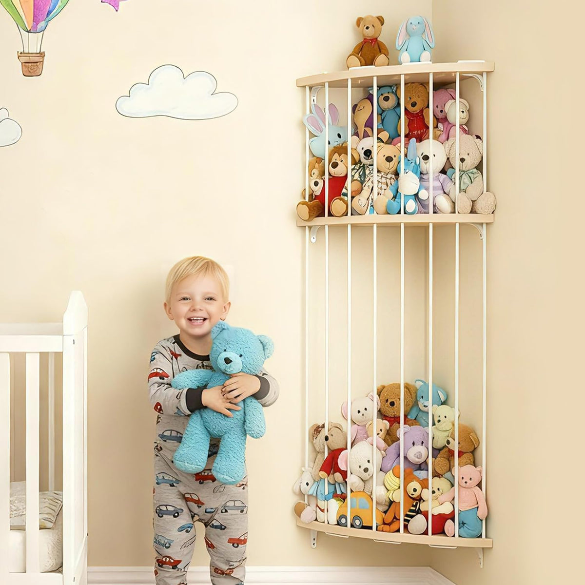 Corner Stuffed Animal Storage- 3 Tier Wood Plush Toys Holder Shelf 71" H