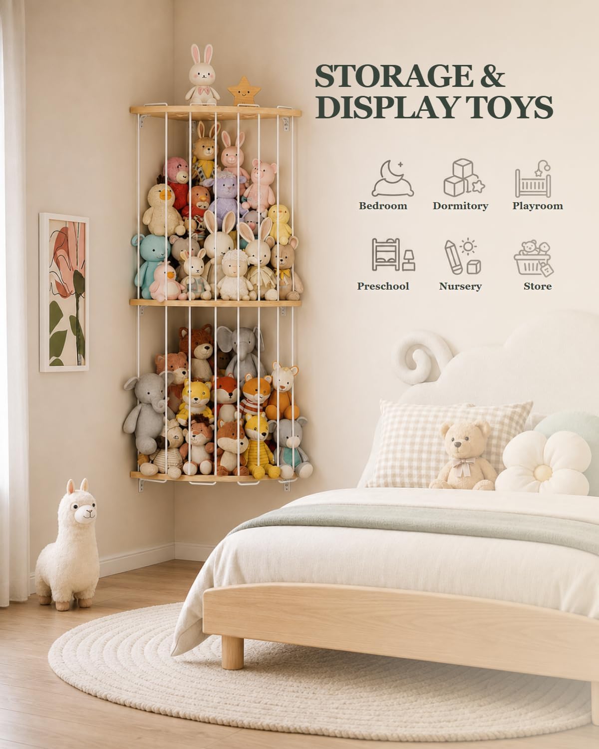 Corner Stuffed Animal Storage- 3 Tier Wood Plush Toys Holder Shelf 71" H