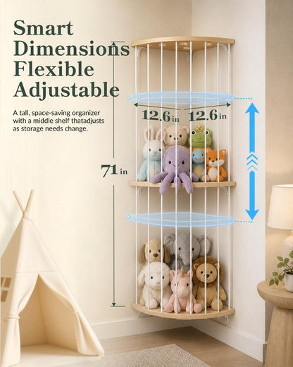 Corner Stuffed Animal Storage- 3 Tier Wood Plush Toys Holder Shelf 71" H