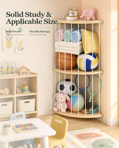 Corner Stuffed Animal Storage- 3 Tier Wood Plush Toys Holder Shelf 71" H