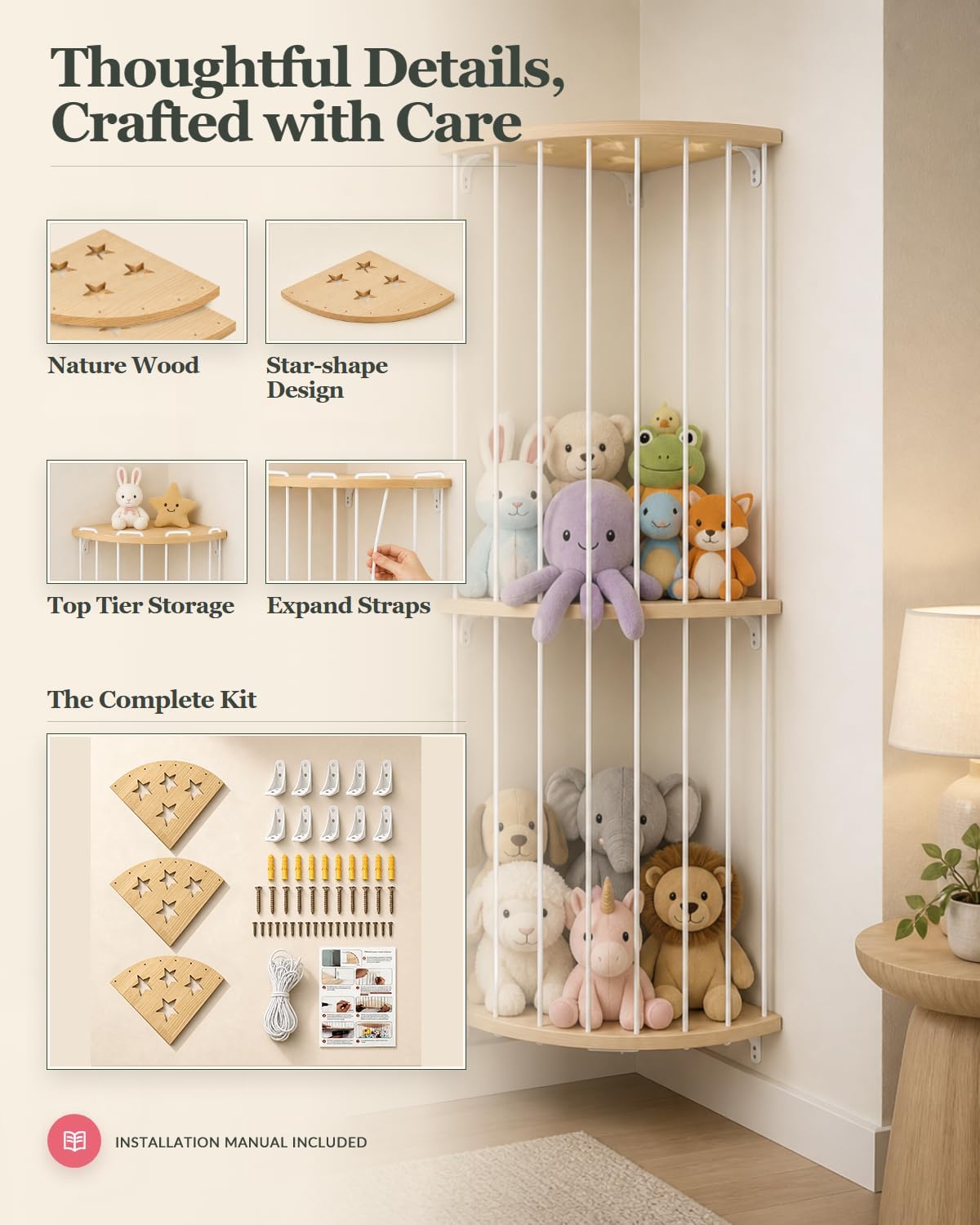 Corner Stuffed Animal Storage- 3 Tier Wood Plush Toys Holder Shelf 71" H