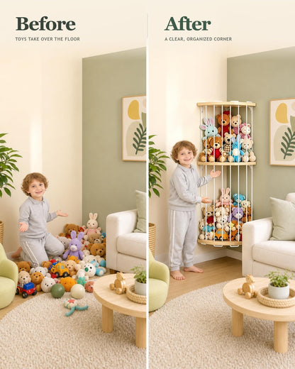 Corner Stuffed Animal Storage- 3 Tier Wood Plush Toys Holder Shelf 71" H