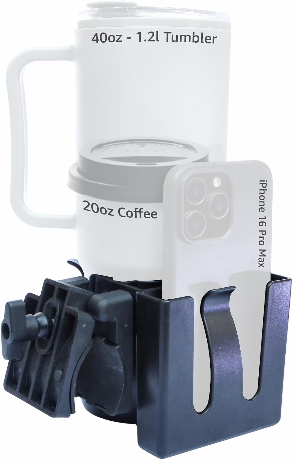 Stroller Cup Holder, Baby Cups, Tumblers, Large Phone [MADE IN UK] , Stroller, Pushchair, Buggy, Wheelchair, Walker, Coffee, Baby Bottle, Built to last, Strong Universal Clamp, Golf Cart