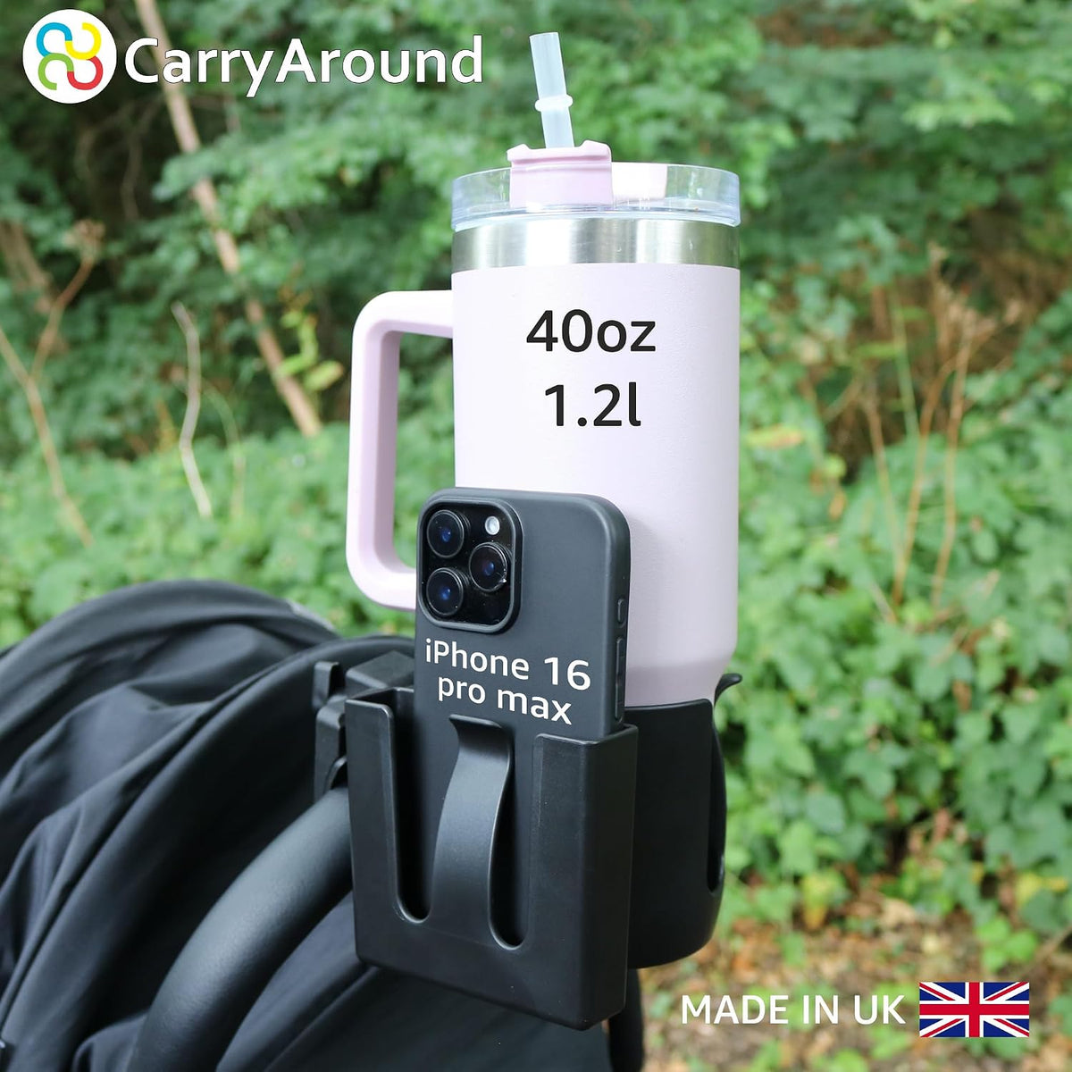 Stroller Cup Holder, Baby Cups, Tumblers, Large Phone [MADE IN UK] , Stroller, Pushchair, Buggy, Wheelchair, Walker, Coffee, Baby Bottle, Built to last, Strong Universal Clamp, Golf Cart