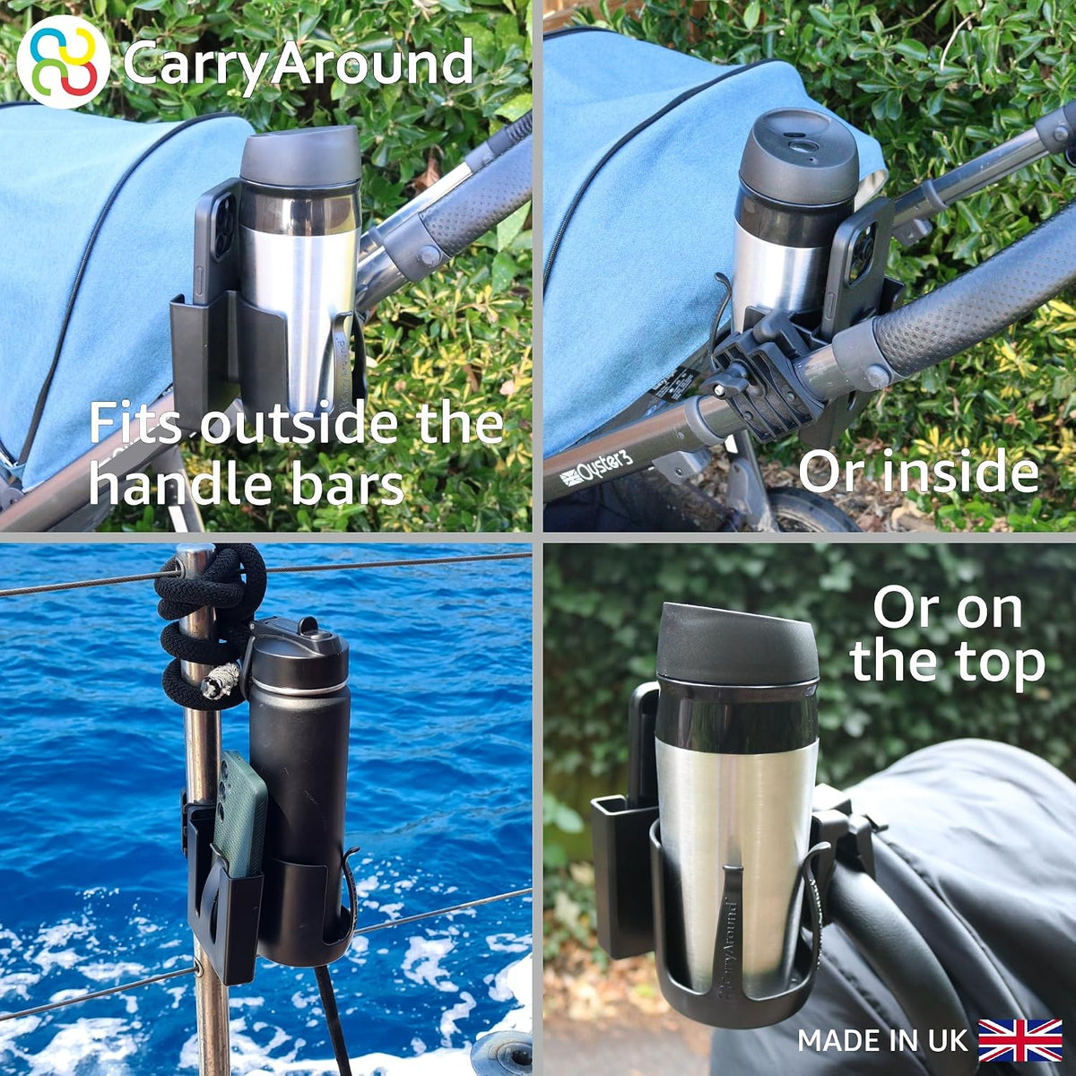 Stroller Cup Holder, Baby Cups, Tumblers, Large Phone [MADE IN UK] , Stroller, Pushchair, Buggy, Wheelchair, Walker, Coffee, Baby Bottle, Built to last, Strong Universal Clamp, Golf Cart