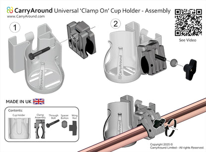 Stroller Cup Holder, Baby Cups, Tumblers, Large Phone [MADE IN UK] , Stroller, Pushchair, Buggy, Wheelchair, Walker, Coffee, Baby Bottle, Built to last, Strong Universal Clamp, Golf Cart