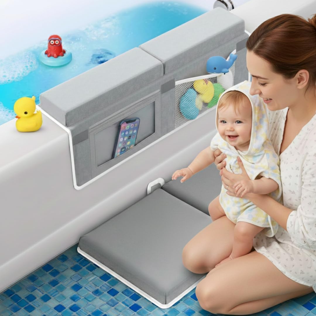 Bath Kneeler and Elbow Rest Pad Set, Kneeling Pad for Bathing Baby, Non Slip Foldable Kneeling Mat for Toddler, Bathtub Cushion Foam Kneeler Mat with Toy Organizer Pocket - Grey