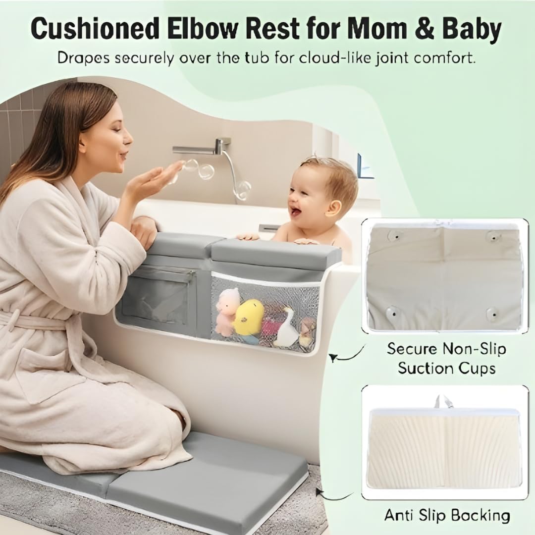 Bath Kneeler and Elbow Rest Pad Set, Kneeling Pad for Bathing Baby, Non Slip Foldable Kneeling Mat for Toddler, Bathtub Cushion Foam Kneeler Mat with Toy Organizer Pocket - Grey