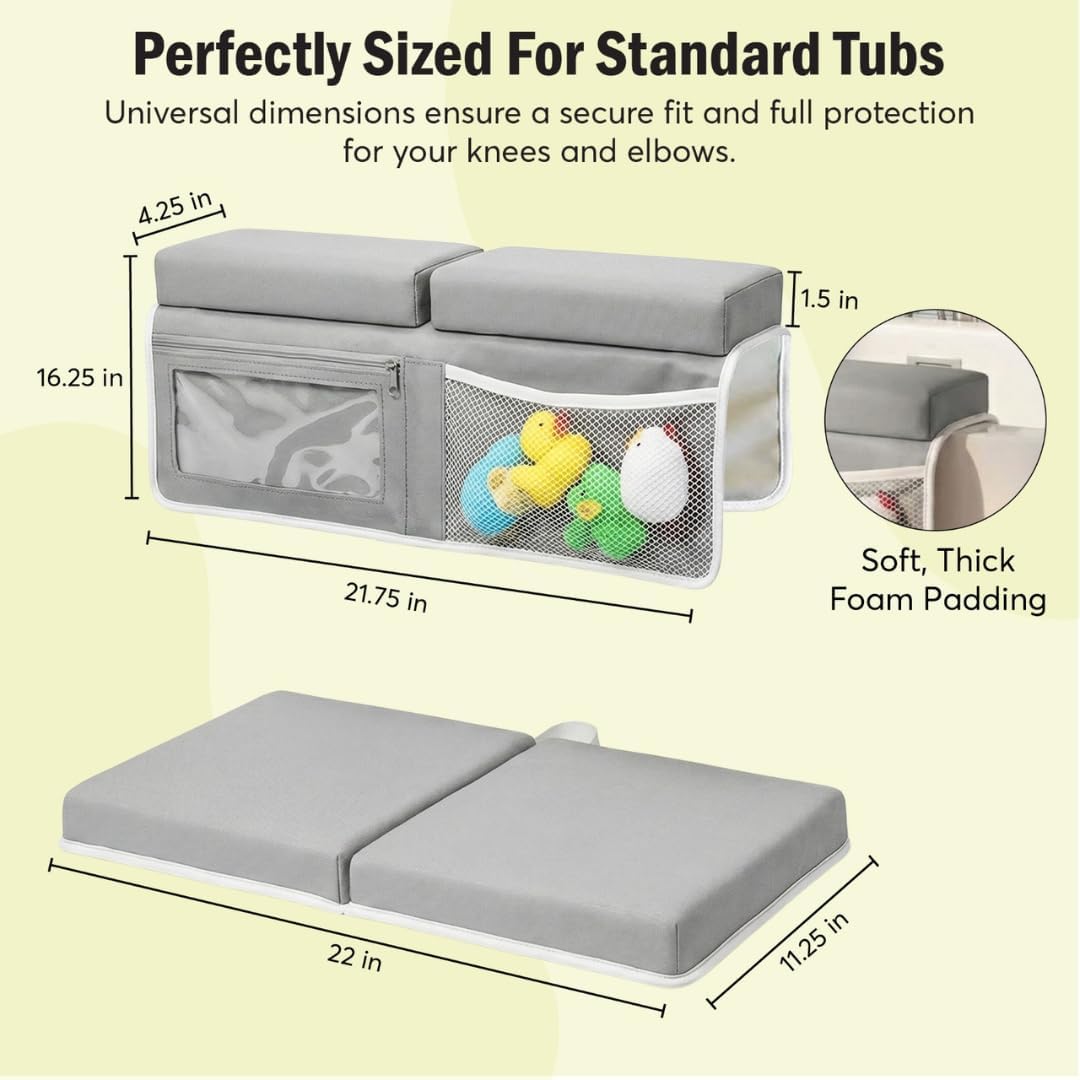Bath Kneeler and Elbow Rest Pad Set, Kneeling Pad for Bathing Baby, Non Slip Foldable Kneeling Mat for Toddler, Bathtub Cushion Foam Kneeler Mat with Toy Organizer Pocket - Grey