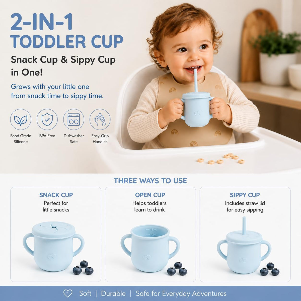 Silicone Snack Cup & Sippy Cup Set – Soft Food-Grade Silicone, Easy to Hold, Dishwasher Safe Toddler Feeding Cups for Home & Travel (Mint Green)