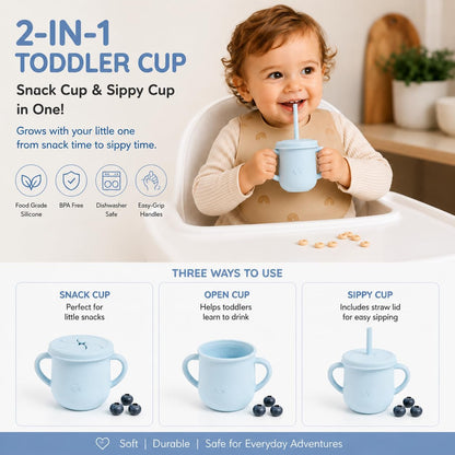 Silicone Snack Cup & Sippy Cup Set – Soft Food-Grade Silicone, Easy to Hold, Dishwasher Safe Toddler Feeding Cups for Home & Travel (Mint Green)