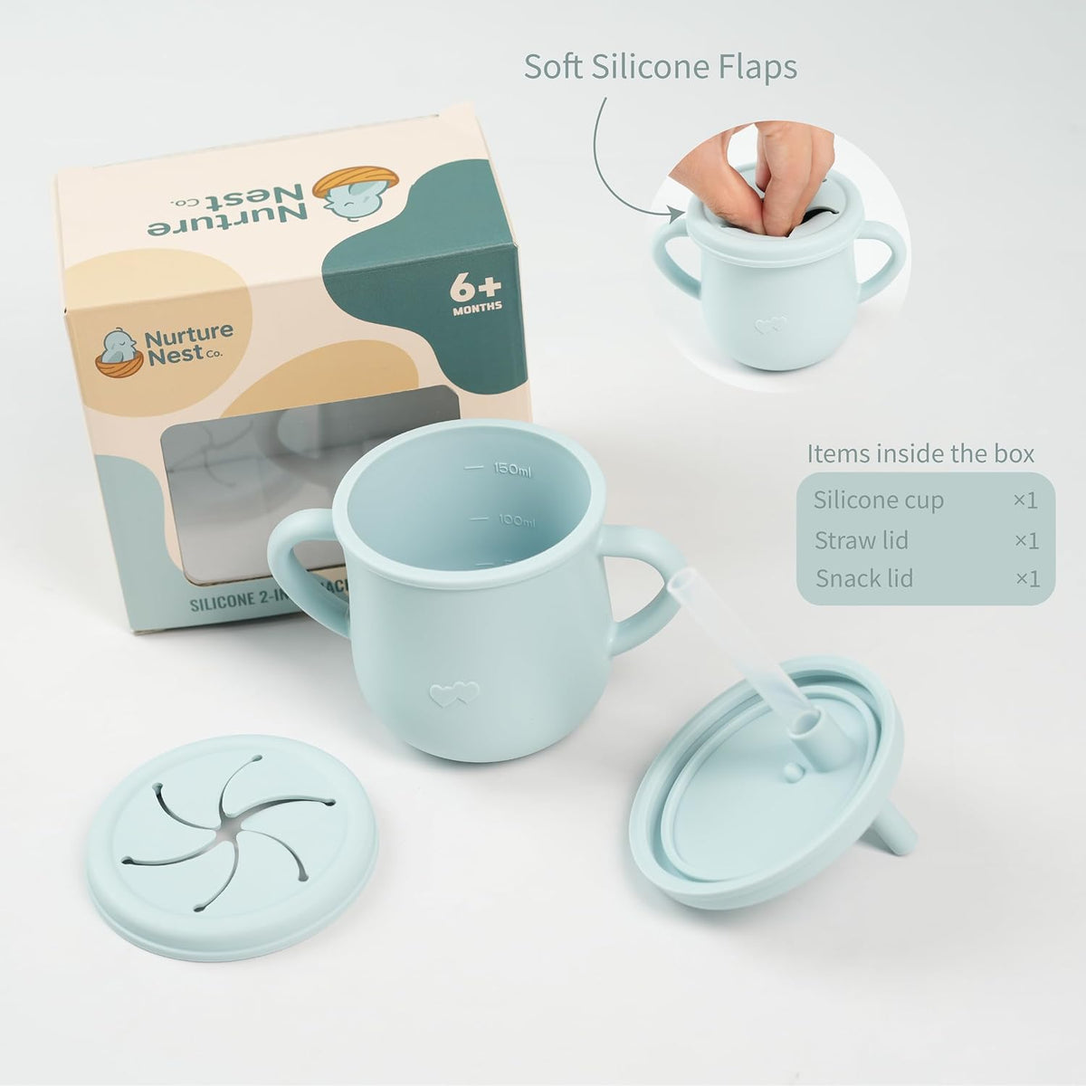 Silicone Snack Cup & Sippy Cup Set – Soft Food-Grade Silicone, Easy to Hold, Dishwasher Safe Toddler Feeding Cups for Home & Travel (Mint Green)