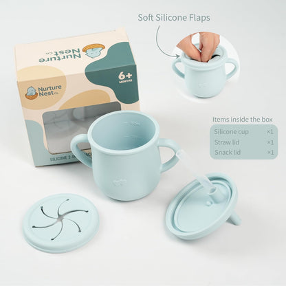 Silicone Snack Cup & Sippy Cup Set – Soft Food-Grade Silicone, Easy to Hold, Dishwasher Safe Toddler Feeding Cups for Home & Travel (Mint Green)