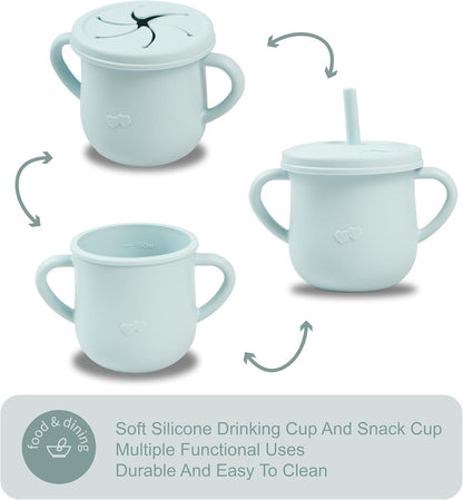 Silicone Snack Cup & Sippy Cup Set – Soft Food-Grade Silicone, Easy to Hold, Dishwasher Safe Toddler Feeding Cups for Home & Travel (Mint Green)