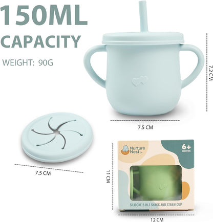 Silicone Snack Cup & Sippy Cup Set – Soft Food-Grade Silicone, Easy to Hold, Dishwasher Safe Toddler Feeding Cups for Home & Travel (Mint Green)