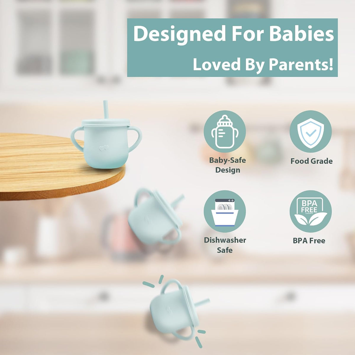 Silicone Snack Cup & Sippy Cup Set – Soft Food-Grade Silicone, Easy to Hold, Dishwasher Safe Toddler Feeding Cups for Home & Travel (Mint Green)